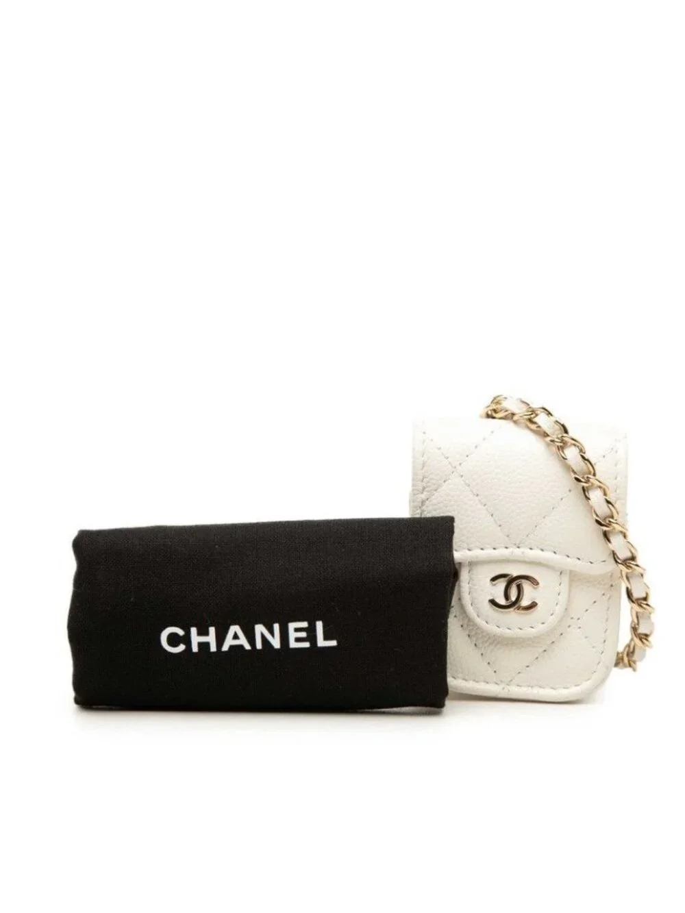 Chanel CC Logo Quilted Airpods Case Earphones Chain Shoulder Bag White Caviar